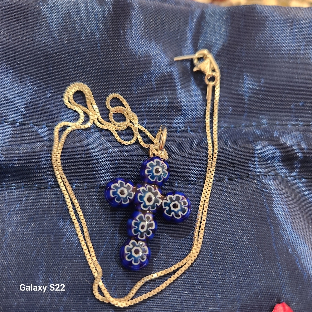 Vibrant Blue Floral Glass Cross Pendant On .950 Italian Sterling Box Chain